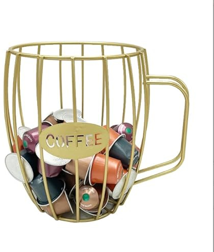 Metal K Cup Holder Organizer, Large Capacity Coffee Pod Holder, Storage Basket for Kitchen Countertop, Coffee Bar & Station Organizer (Gold)