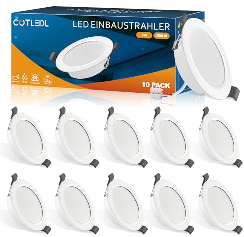 COTLEDL Einbaustrahler 230V Flach, 10er Set Spots 5W 450LM IP44 Bad Einbauleuchten, 68-80mm EinbauØ Deckenspots, Kaltweiß 6000K LED Spots für Badezimmer Wohnzimmer
