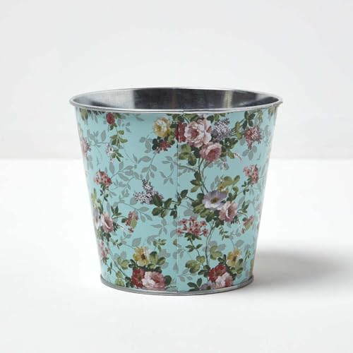 HOMESCAPES Cache-Pot décoratif en Zinc à Motif Roses, Pot de Fleur en métal à Motif Floral