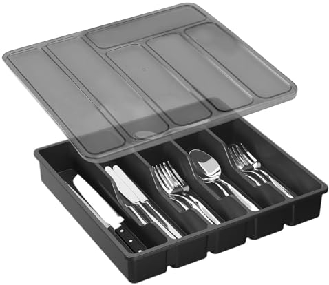 APOMOONS Range Couverts pour Tiroir avec Couvercle, Boîte de Rangement Couverts de Cuisine Organisateur de Couverts en Plastique 6 Compartiments pour Cuillères Fourchettes Couteaux Noir