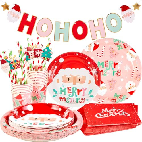 EASY JOY Weihnachten Partygeschirr 85 Stück Set Weihnachts Pappteller Servietten Pappbecher Papierpipette HOHOHO Banner Weihnachten Geschirr Set für Weihnachtsparty Deko(16 Gäste)