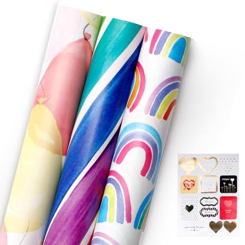 Papier Cadeau, 3 Rouleaux de Papier D'emballage Cadeau de 43 cm X 3 M, 3 Motifs Imprimés Différents, Adaptés Aux Anniversaires, Fêtes, Mariages, Décorations de Vacances