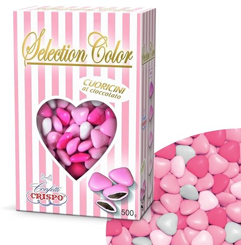 Confetti Cuoricini Mignon Crispo 500 g al Cioccolato Fondente, Selection Color Cuori con 5 Sfumature di Rosa Made in Italy per Bomboniera Nascita Battesimo Cresima - 500 grammi