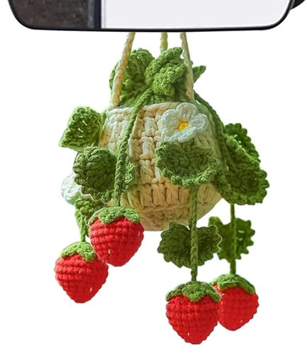 Bimhayuu Crochet Hanging Plant for Interior, Car Decorations Strawberry Car Accessories Interior, Rear View Mirror Ornaments, Christmas Decoration Gifts for Women (Red)