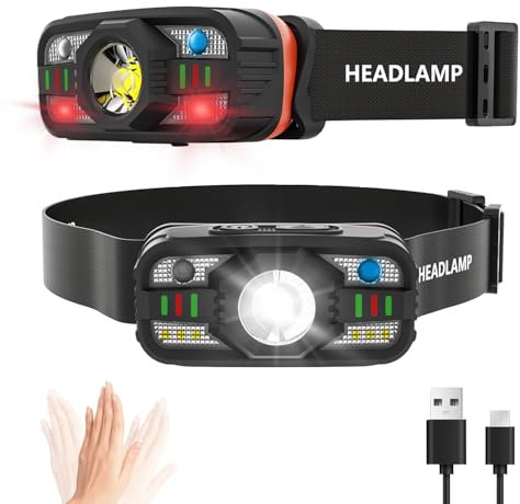 Skylla stirnlampe led aufladbar 2 Stück, Superhell Sensor Stirnlampe mit Rotlicht 11 Lichtmodi IPX5 Wasserdicht Kopflampe Perfekt zum Joggen, Campen, Angeln