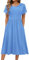 HOTOUCH Dress Women Midi Ladies Dresses Elegant Round Neck Casual Short Sleeve Puff A Line Tunic Dress Classic Midi Dress with Pockets Maxi Party Light Blue XL