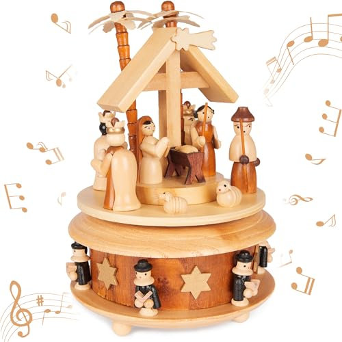 BRUBAKER Spieluhr aus Holz - Krippe mit Jesus, Maria und Josef - Melodie: Stille Nacht - 19 cm Musik Box Weihnachten - Spieldose Karussell mit Stern von Bethlehem und Sternsinger - Braun Natur