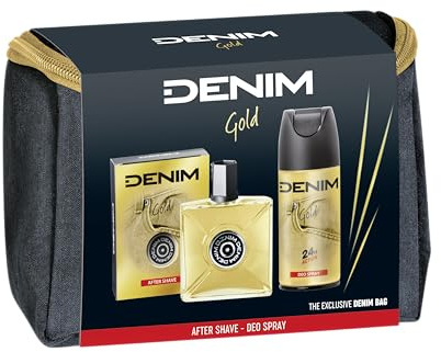 Denim - Geschenk für Herren, After Shave After Shave 100 ml und Deodorant Spray 150 ml, Duft Gold, mit Kulturbeutel für Herren