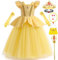 Snyemio Vestito Principessa Belle Travestimenti Costume Bambina con Accessori Abito Ragazze Giallo Per Halloween Feste Carnevale Compleanno