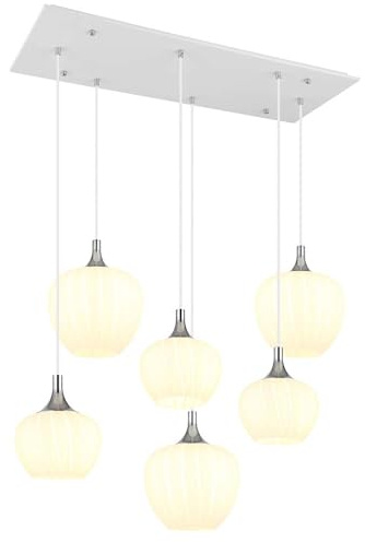 Pendant Lamp White Chrome-Plated Dining Room Table Light Glass Shades Opal Metal 6x E27 Sockets L x W x H 86 x 42 x 120 cm
