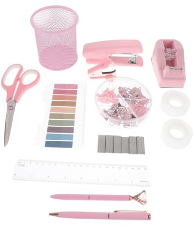 NUOBESTY Rosa Bürobedarf Satz für Schreibtisch mit Hefter Klebebandabroller und Klammerentferner Kunststoff Eisen und Papier für Büro und Arbeit
