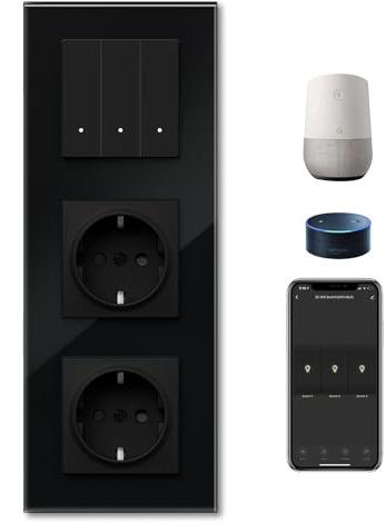 BSEED Normal Doppelt Steckdose mit Smart Lichtschalter(Neutralleiter Erforderlich),Wlan Schalter Unterputz work mit Alexa und Google Home,Taste Schalter 3 Fach 1 Weg,Smart Home Lichtschalter Schwarz