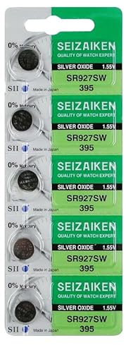 Seizaiken SR927SW 395 Silver Oxide Watch Battery, 1.55V, 0% Mercury, Made in Japan, Pack of 5
