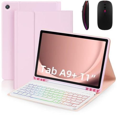 Funda con Teclado, Color Rosa, Funda con Teclado para Samsung Galaxy Tab S8 Plus/S8+/S7 FE/S7+/S7 Plus de 12,4'', retroiluminación de 7 Colores, Teclado inalámbrico magnético Desmo