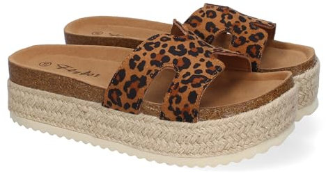 shoes&blues.es 92241 Sandalia Planas para Mujer con Piso Bio, Comodas y Elegantes con Detalles en la Pala, Planta Anatomica, Ideales para Primavera Verano. Leopardo Talla 38