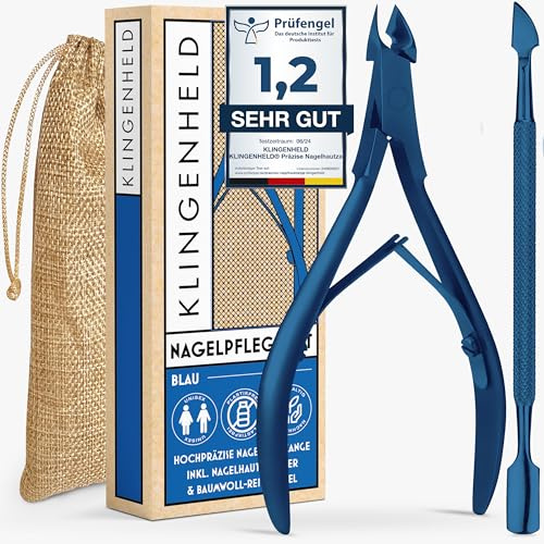 KLINGENHELD® Präzise Nagelhautzange inkl. 1 Nagelhautschieber - Sehr leichtgängig & extra scharf - inkl. Reise-Etui aus Baumwolle 100% plastikfrei & nachhaltig - Nagelhautschere (Blue)