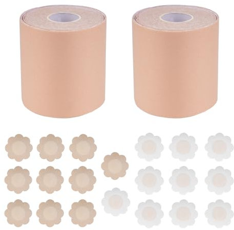 Wukemaoyi 2 Rotoli di Nastro Reggiseno Adesivo, 7,5 cm x 5 Metri Nastro Adesivo Senos Push Up, Cerotto Seno Adesivo, con 10 Paia Copri Capezzoli Adesivi Copricapezzoli Adesivi(Colore Pelle Chiara)
