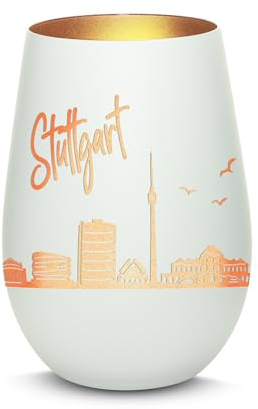 Gravur-Max Windlicht mit 360° Gravur Skyline Stuttgart Deko Glaslicht als tolles Geschenk mit Einer hochwertigen Lasergravur zu jedem Anlass in der Farbe Weiß/Bronze