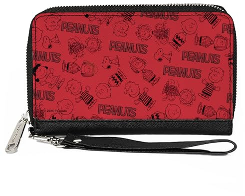 Peanuts Geldbörse mit Reißverschluss, Peanuts Gang Six Charakter- und Titel-Logo, Collage, Rot / Schwarz, veganes Leder
