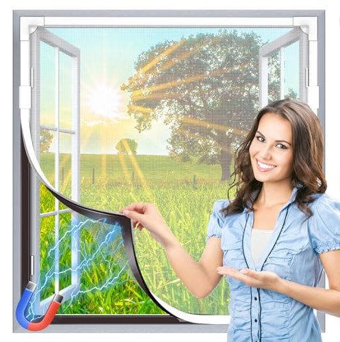 HOFUDON Adjustable Magnetic Fly Screens for Windows, Fit Up to 110x120cm, DIY Fiberglass Insect Mesh for Mosquito Net & Bug Screen, Full Frame Magnetic Strip White Frame White Mesh
