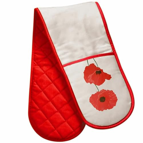 Double Oven Glove with Poppy Floral Design – 100% Cotton Quilted & Heat Resistant Kitchen Mitt – Extra Long Insulated Cooking Glove with Hanging Loop for Bakers & Garden Lovers