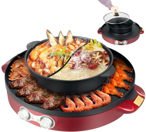 Elektrisch Hot Pot 2200W, 2 in 1 BBQ Grillplatte, Tischgrill Hotpot Topf mit Antihaftbeschichtung, 2 Unabhängiger Temperaturregelung, Elektrischer Abnehmbaren Kochtopf für Steaks Fleisch Gemüse, Rot