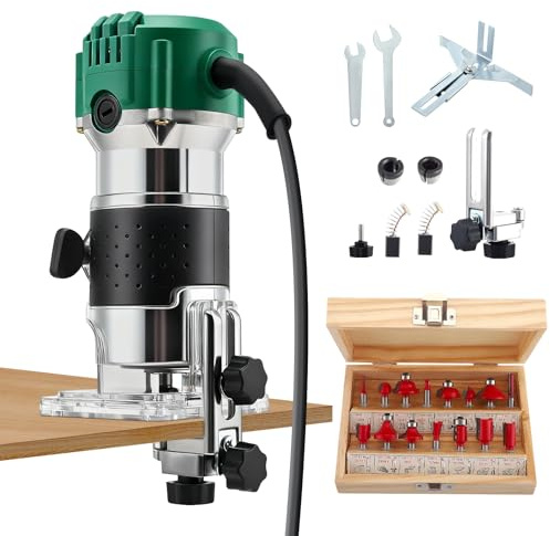 800W Electric Palm Router Tool, Professional Wood Trimmer with Metal Base, 6 Variable Speeds 33000RPM Power Router with 15PCS 1/4 Router Bits Set & 2 Collets (6.0mm/6.35mm) (Gear Cover -Green)