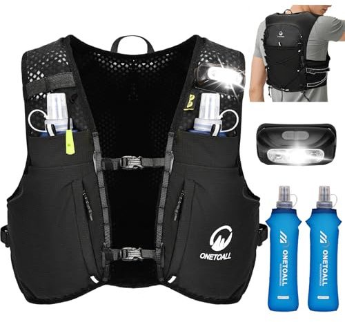 ONETOALL Gilet Running Uomo Donna, Zaino Trail Running con 2 Borraccia Morbida 500ml y Luce LED Ricaricabile, Gilet Corsa Leggero, Running Vest Zaino Corsa Zaino Idratazione per Trekking Ciclismo Sci