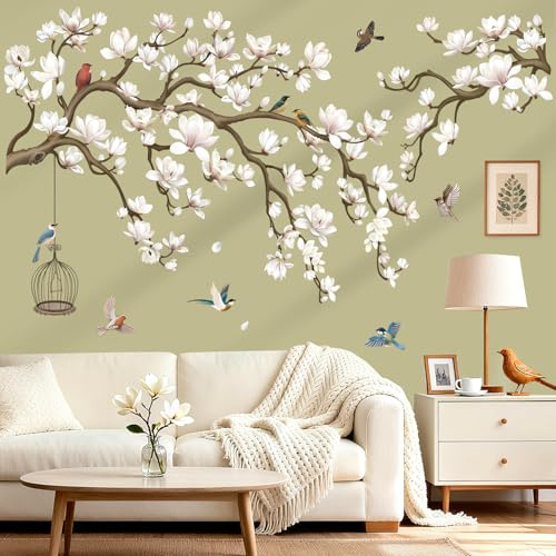 wondever Wandtattoo Magnolie Blumen Wandsticker Weiß Blüten Vögel auf Baum | Abziehen und Aufkleben, Abziehbar, Wandaufkleber Selbstklebend für Schlafzimmer Wohnzimmer Flur Sofa Hintergrund Wanddeko