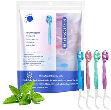 5 in 1 Mini Zahnbürste Reiseset 12 Stück - Einmalzahnbürsten mit Zahnpasta & Zahnseide Sticks -Zahnzwischenraumreiniger, Zahnstocher Kunststoff -Kompakte Reisezahnbürste für Unterwegs, Büro und Travel