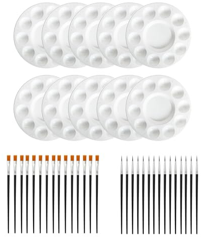 Kaiyzo Pack Paletas de Pintura, Paletas de 10 Huecos para Acuarela Acrílico y Óleo, Vasos de Mezcla de Plástico Reutilizables con 30 Pinceles Nylon, Blanco