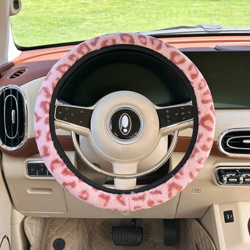 FOSDICK Couvre Volant Voiture en Peluche Douce, Léopard Rose Housse Volant Voiture pour Hiver, Housse de Volants Antidérapante et Chaude, Taille Universel 38 cm