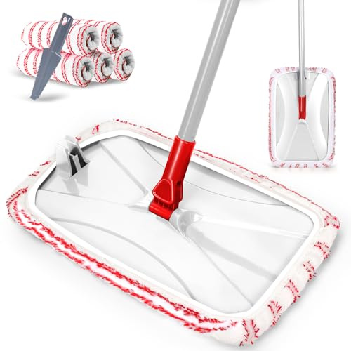 Masthome Microfibre Mop,Large Surface Flat Mop with 5 Reusable Pads,Hardwood Floor Mops for Dry and Wet Use,Floor Sweeper for Hardwood Laminate Tile Cleaning, Send 1 Cleaning Scraper, Red