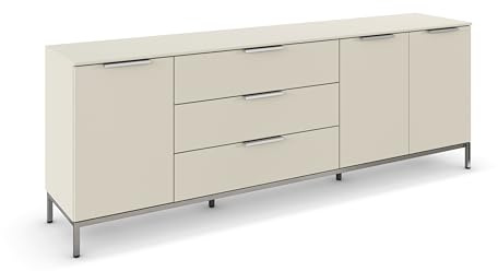 Rauch Möbel Flipp, Kommode, Farbe Beige, Breite 199 cm | Sideboard, 3-türig, 3 Schubladen, Soft-Close, Griffe, Metallkufe Chrom, für Schlafzimmer, Gästezimmer, Wohnzimmer