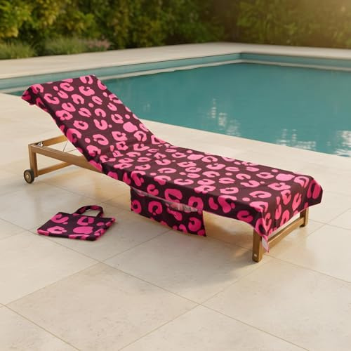 OHS Sun Lounger Beach Towels for Adults, Soft Quick-Dry Absorbent Sun Bed Towel with Pockets Lightweight Large Beach Towel in a Bag Holiday Essentials, 75 x 215cm - Burgundy Abstract Leopard Print