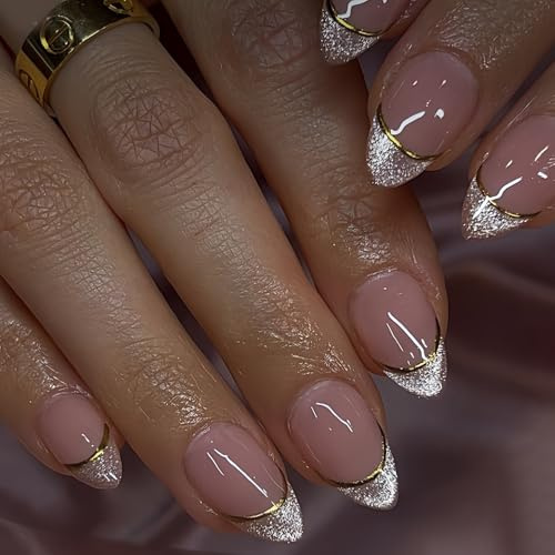 Goldene Glitzer-French-Nägel zum Aufkleben, kurze Mandelform, funkelnde Acryl-Nägel mit Goldglitzer-Design, Maniküre-Dekorationen für Frauen und Mädchen, 30 Stück