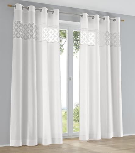 Kutti Jessy Vorhang weiß Halbtransparent – Gardine mit Ausbrenner-Muster, lichtfilternd, Baumwollmischung, 8 Silberne Ösen - Gr. 140 x 175 cm (1 Stück)