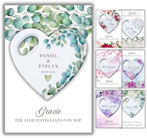Bomboniere matrimonio personalizzate, calamita apribottiglie a forma di cuore con biglietto di ringraziamento, regalo per invitati e festa di (Apribottiglie + biglietto di ringraziamento)(Set da 30)