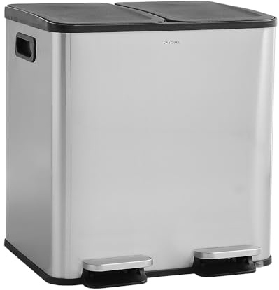 CASABEL Doppel-Küchenabfalleimer 2x15L aus Edelstahl, 2 Pedale, Chrom | Doppelfach, Mülltrennung, 2 Pedale, fingerabdruckresistent, dichte Deckel, herausnehmbare Eimer, pflegeleicht