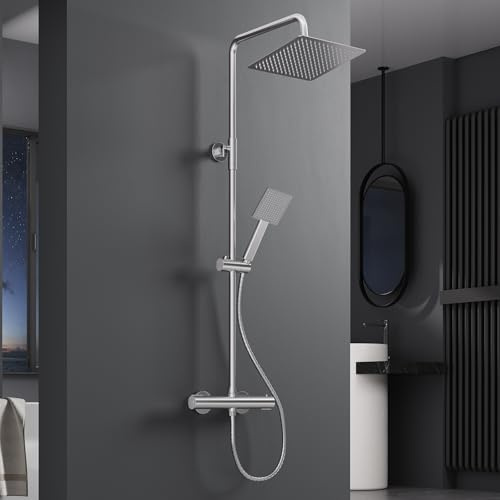 Square Rainfall Shower System - Thermostatic Bar Mixer with 10 Handheld, Adjustable Riser Rail Kit, Anti-Leak Hose, Tap — Wall Mounted Complete Set for Modern Bathroom, Chrome