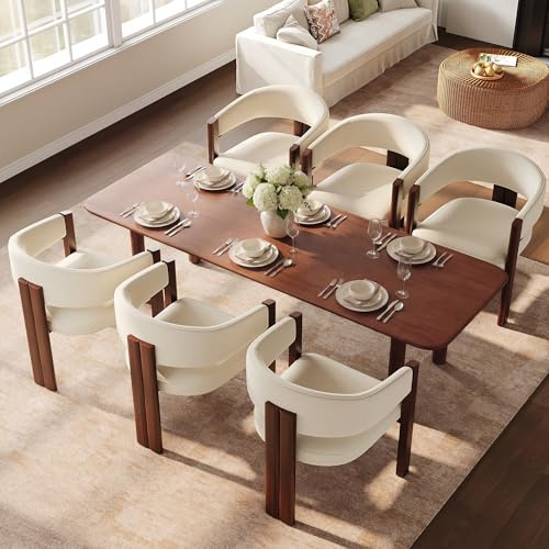 Shye Juego de 6 sillas de comedor ergonómicas con acolchado grueso, patas de hierro resistentes en imitación de madera, tela transpirable, patas ajustables en altura, beige, nogal