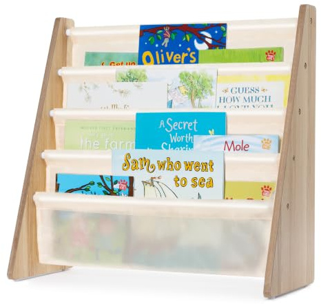 LIVIVO Colorful Kids Bookshelf - 4 Tier Children's Bookcase, Magazine and Book Storage Rack, Wooden Sling Book Organizer, Book Shelf for Kids Room, Bedroom, Nursery, Playroom (Natural)