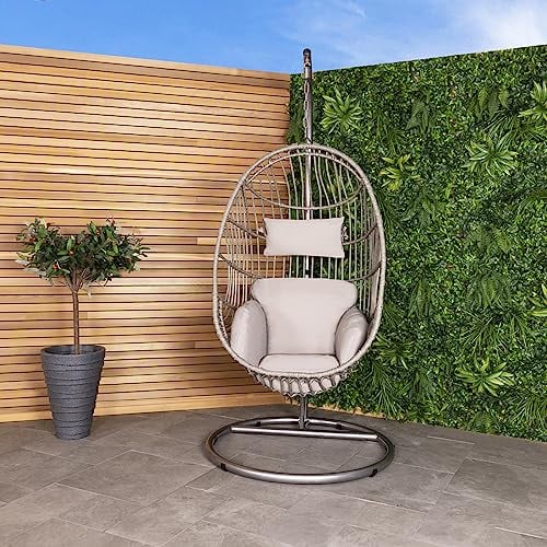 CHARLES BENTLEY Freestanding Hanging Swing Seat, Grey Egg Hanging Bench, Seating, Outdoor And Indoor, PE Rattan Weave, Hammock, Grey Stand, Washable Cushions, Easy Clean, Showerproof (95x80x195cm)
