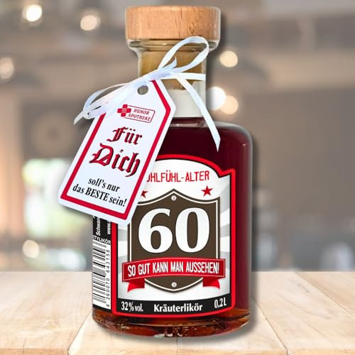 Apothekerflasche - Zum 60. Geburtstag - Kräuterlikör 0,2L 33% vol. | für Männer als Geburtstagsgeschenk | Schnaps Likör | Humorapotheke