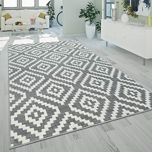 Paco Home Teppich Wohnzimmer Kurzflor Weich Ethno Boho Muster Modern Grau Weiß, Grösse:70x140 cm