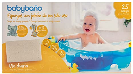 Babybaño Esponja Jabonosa Desechable para Bebés y Niños de 0 a 3 Años. Esponja de Baño de Un Solo Uso con Gel Pediátrico y Dermatológico. Envase Individual. 25 Unidades