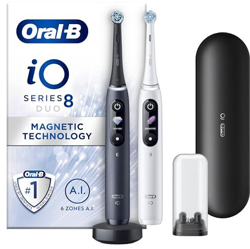 Oral-B iO8 2x Electric Toothbrushes For Adults, Gifts For Women / Men, App Connected Handles, 2 Toothbrush Heads & Travel Toothbrush Set, 6 Modes, 2 Pin UK Plug, Black & White, Oral B IO Toothbrush