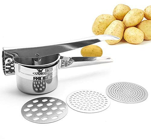 sinogoods Schiacciapatate Acciaio Inox, Passatelli attrezzo schiacciapatate Professionale con 3 colini sostituibili, per Purè di Patate, Frutta, Verdure