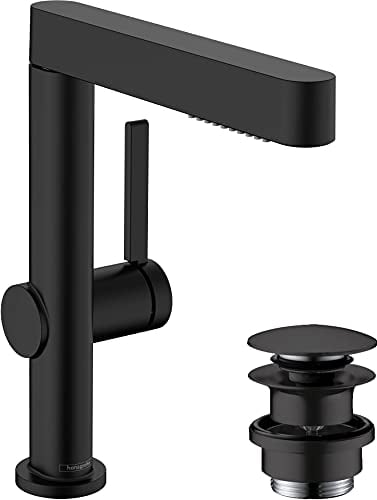 hansgrohe Waschtischarmatur Finoris, Wasserhahn Bad mit Auslauf Höhe 230 mm, mit Push-Open Ablaufgarnitur, Badarmatur wassersparend, Mattschwarz
