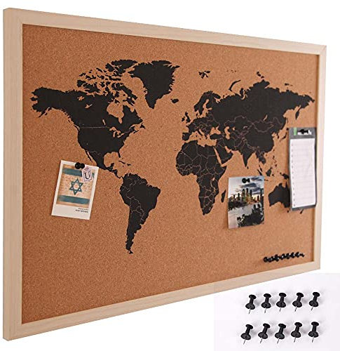 Bakaji Panneau de carte du monde en liège, carte géographique, carte du monde, cadre en bois, taille 60 x 40 cm, mural design moderne, avec 10 pointes, idée cadeau